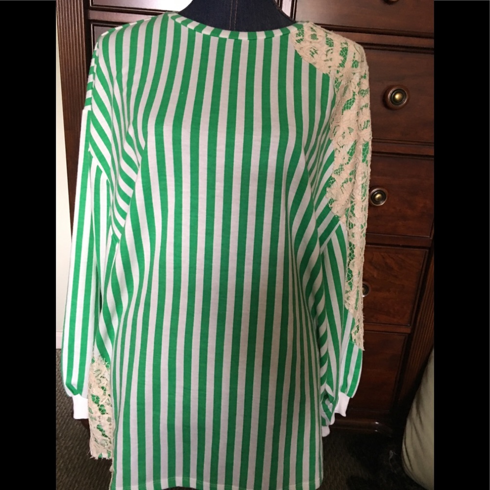 Zara Green White Long Sleeve Striped Top Lace Trim